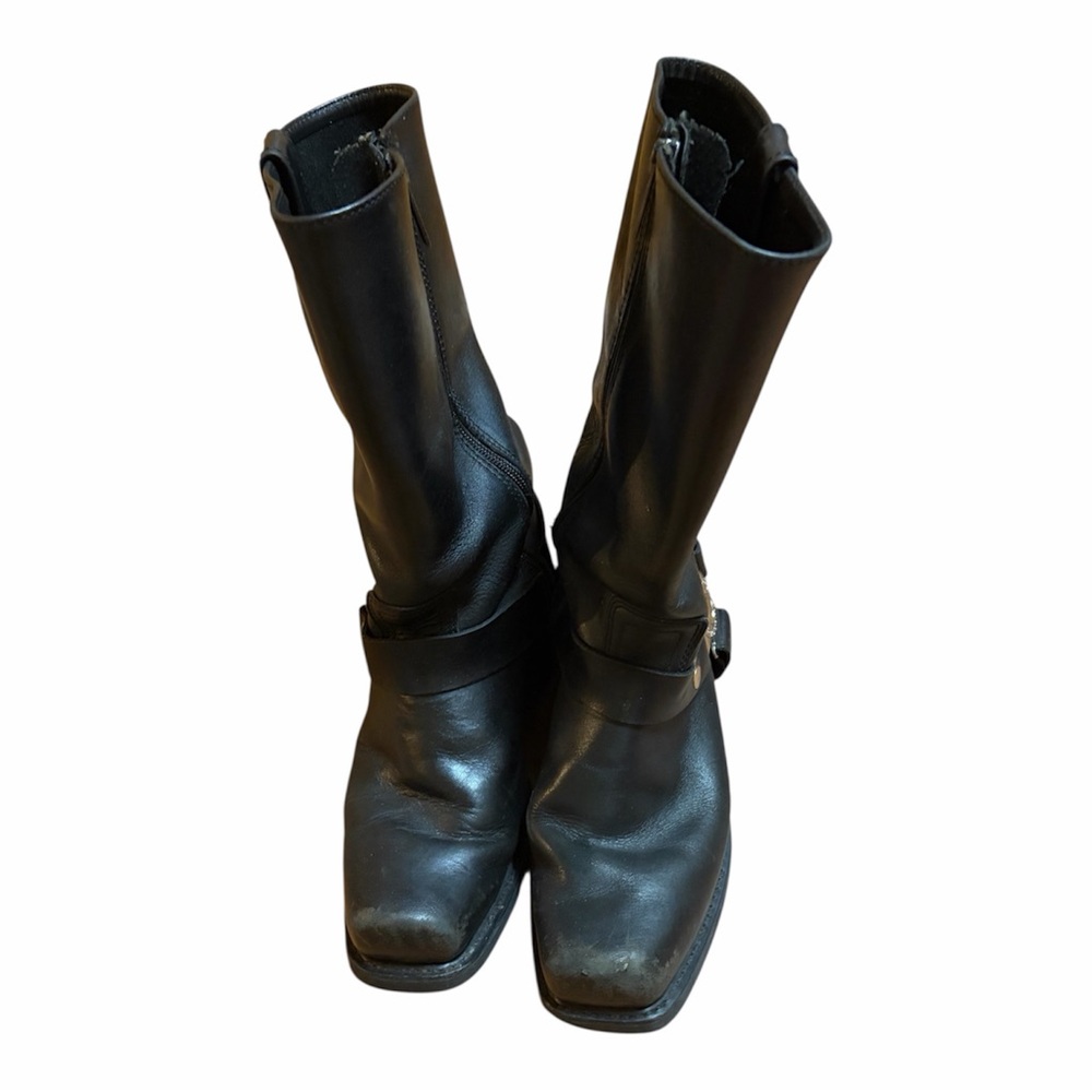 Black Leather Harness Motorcycle Boots - Unbranded